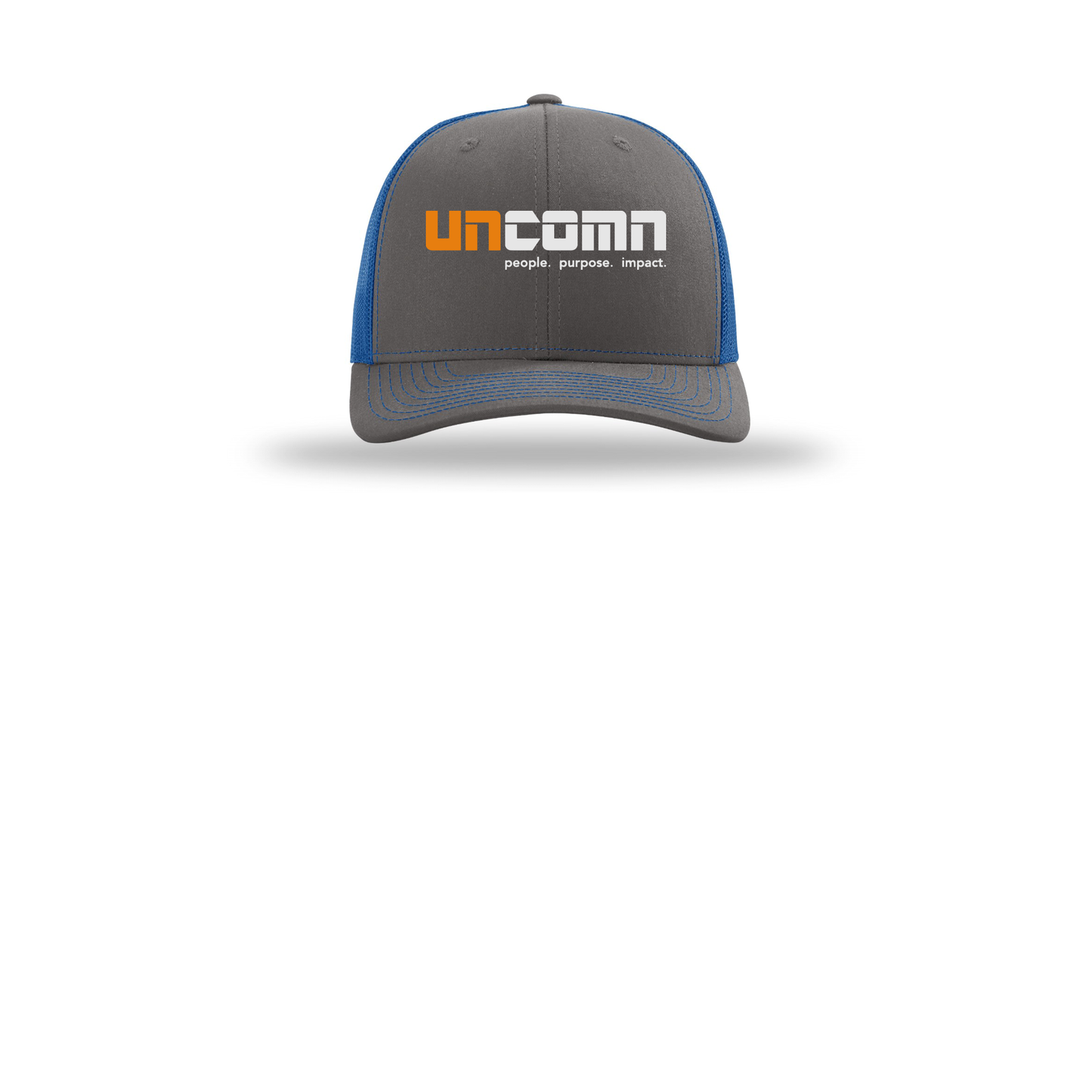 uncomn-richardson-trucker-cap-embroidery-capfront-R112-charcoalroyal-flat-front