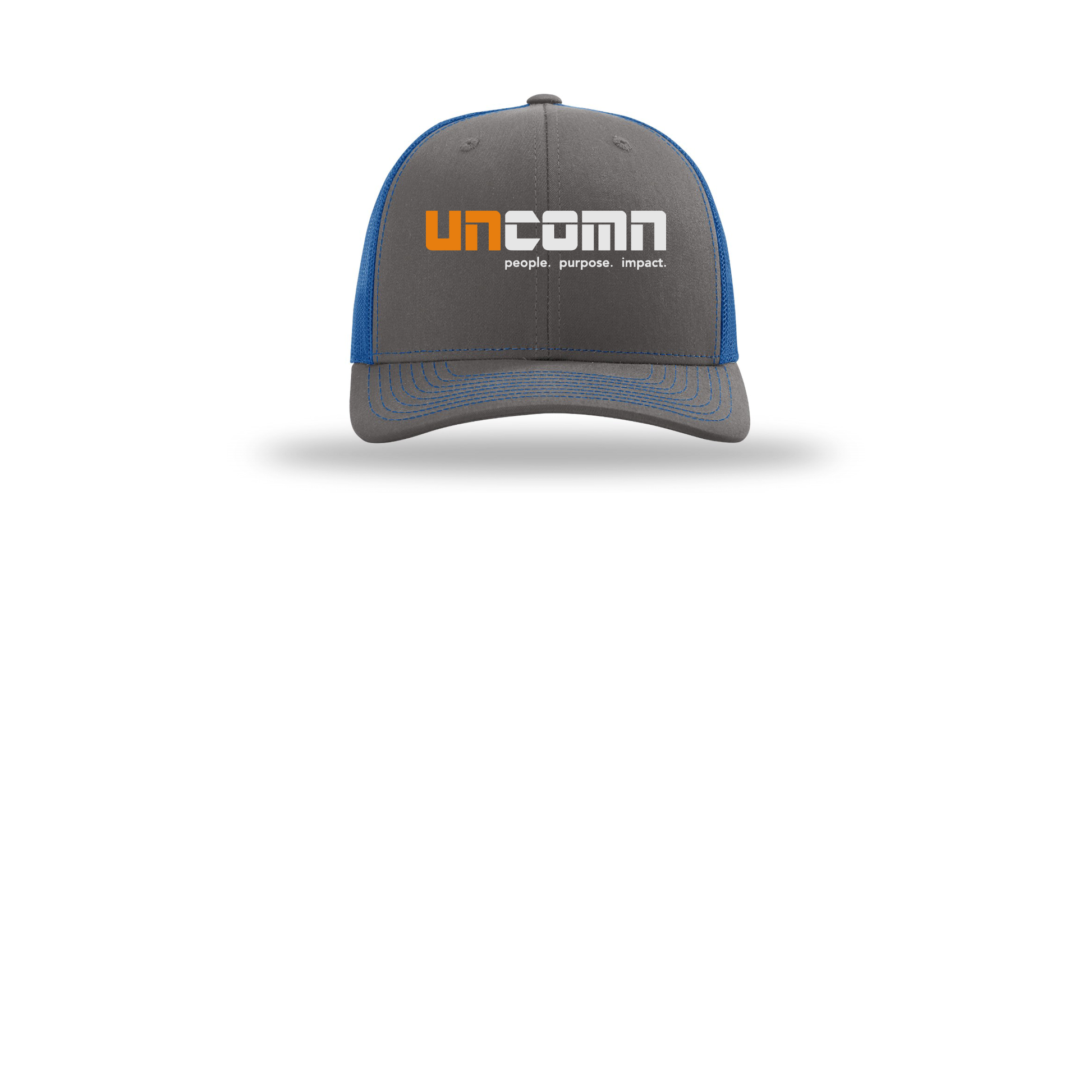 uncomn-richardson-trucker-cap-embroidery-capfront-R112-charcoalroyal-flat-front