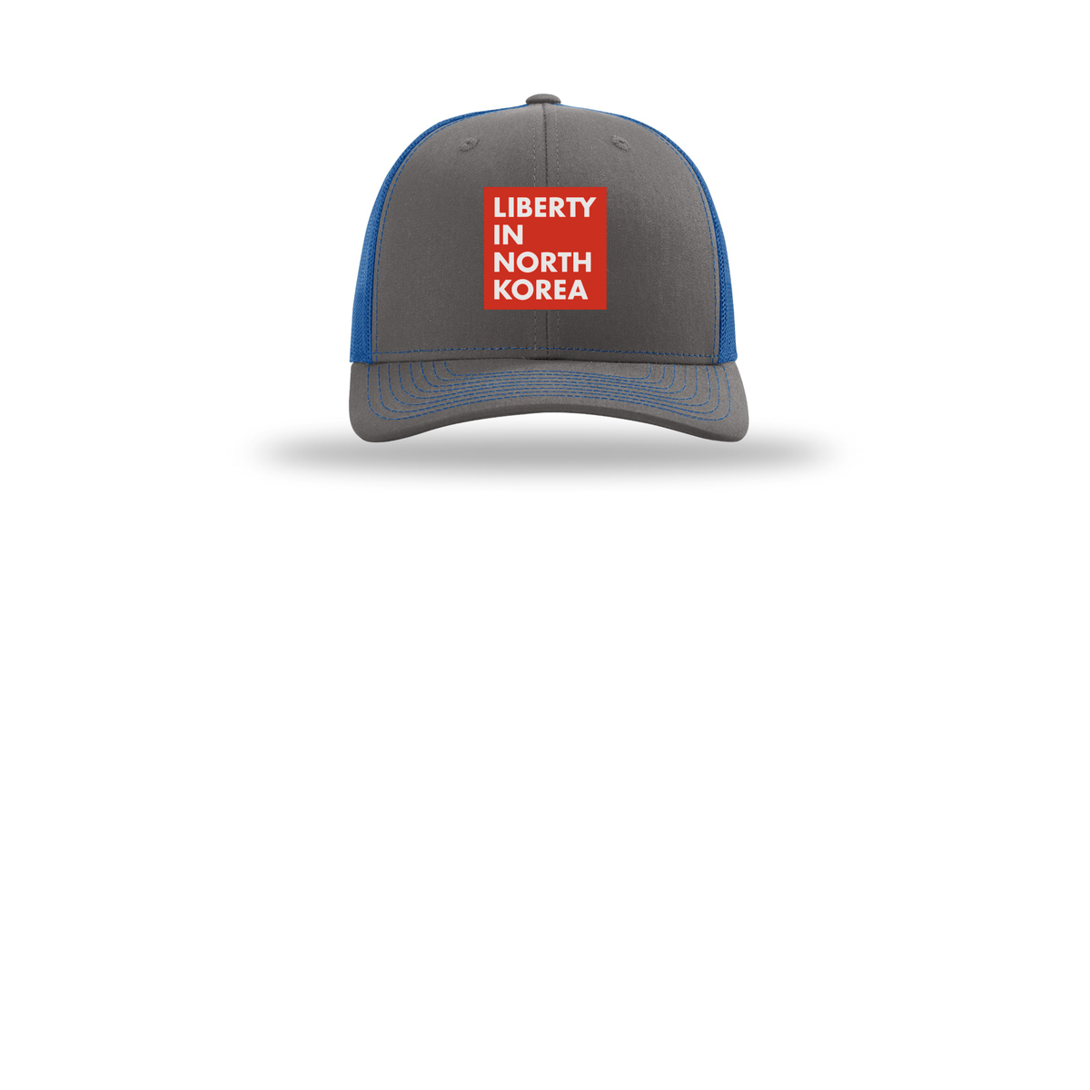 libertyinnorthkorea-richardson-trucker-cap-embroidery-capfront-R112-charcoalroyal-flat-front