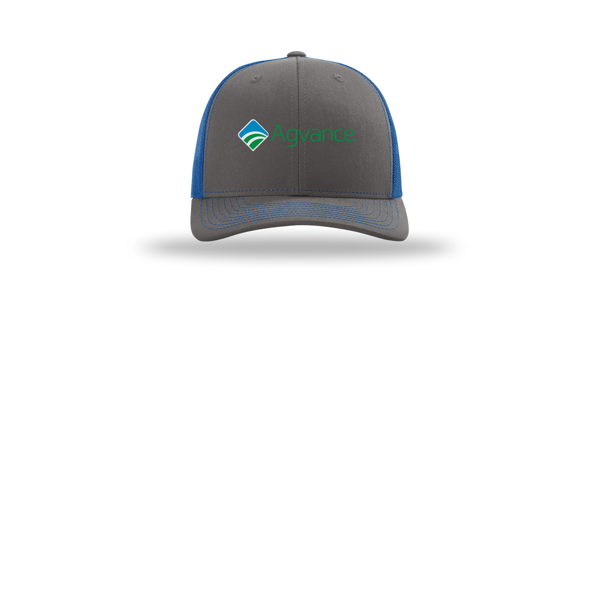 agvance-richardson-trucker-cap-embroidery-capfront-R112-charcoalroyal-flat-front