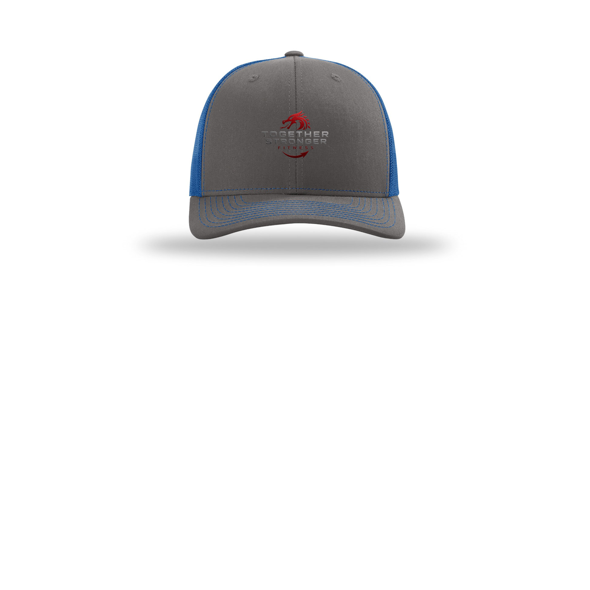 togetherstrongerfitness-richardson-trucker-cap-embroidery-capfront-R112-charcoalroyal-flat-front