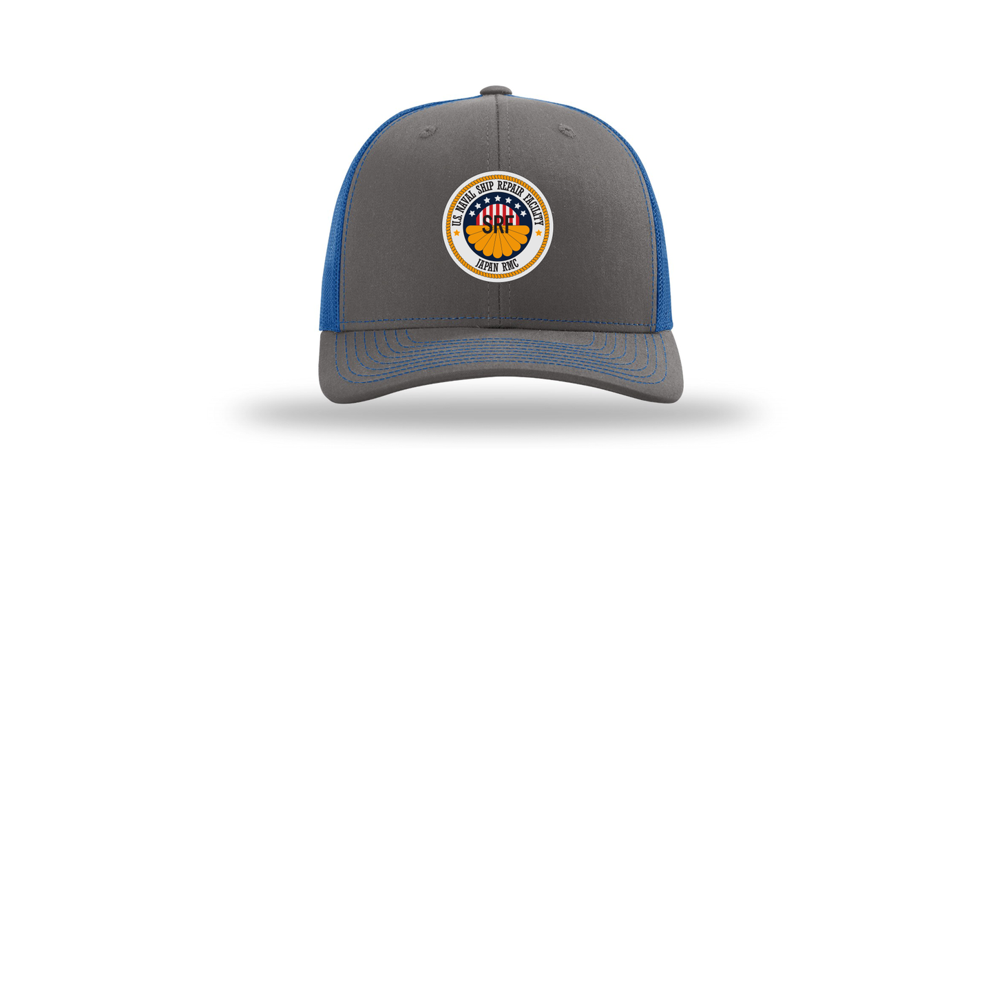 srf-jrmc-richardson-trucker-cap-embroidery-capfront-R112-charcoalroyal-flat-front