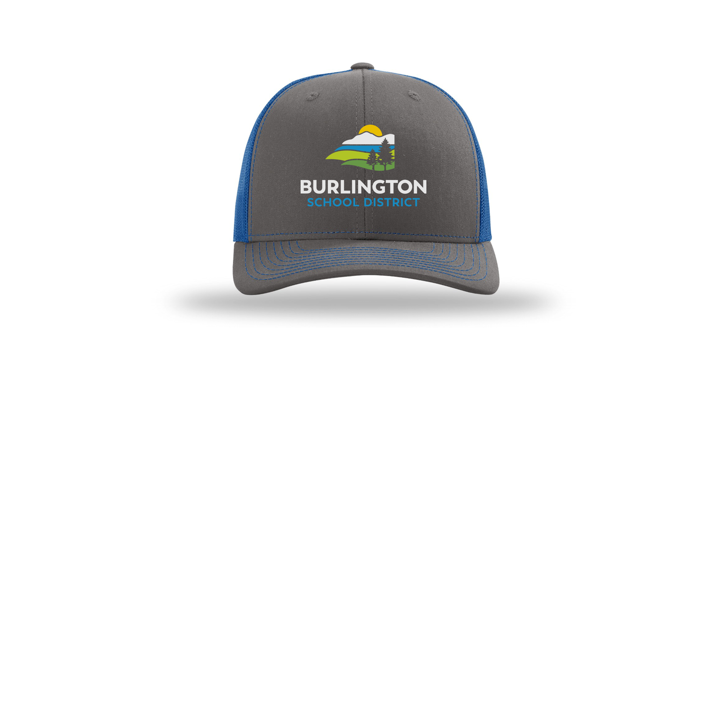 bsdvt-richardson-trucker-cap-embroidery-capfront-R112-charcoalroyal-flat-front