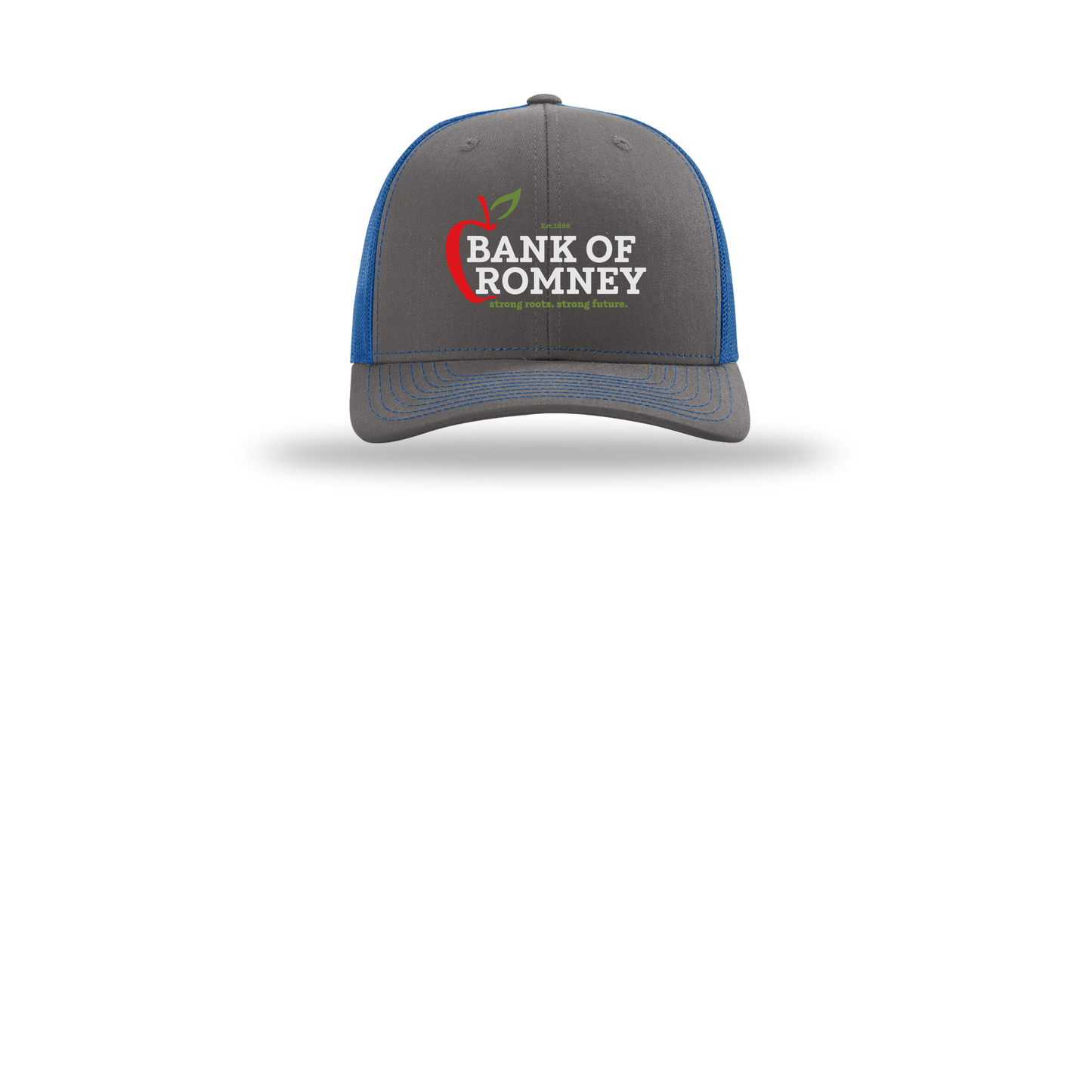 bankofromney-richardson-trucker-cap-embroidery-capfront-R112-charcoalroyal-flat-front