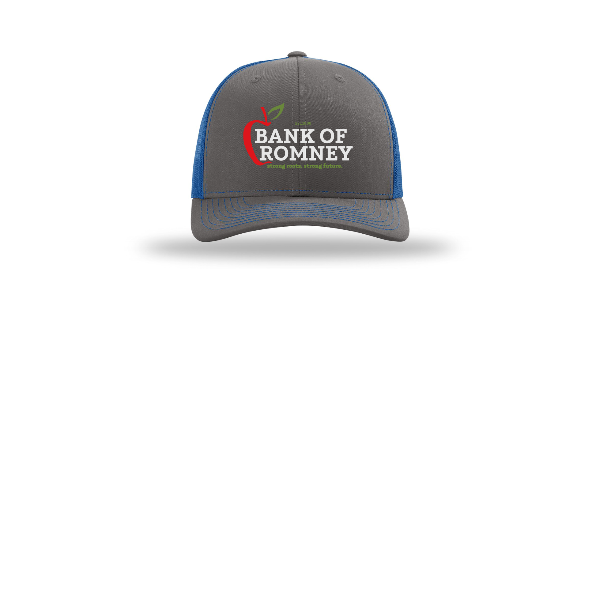 bankofromney-richardson-trucker-cap-embroidery-capfront-R112-charcoalroyal-flat-front