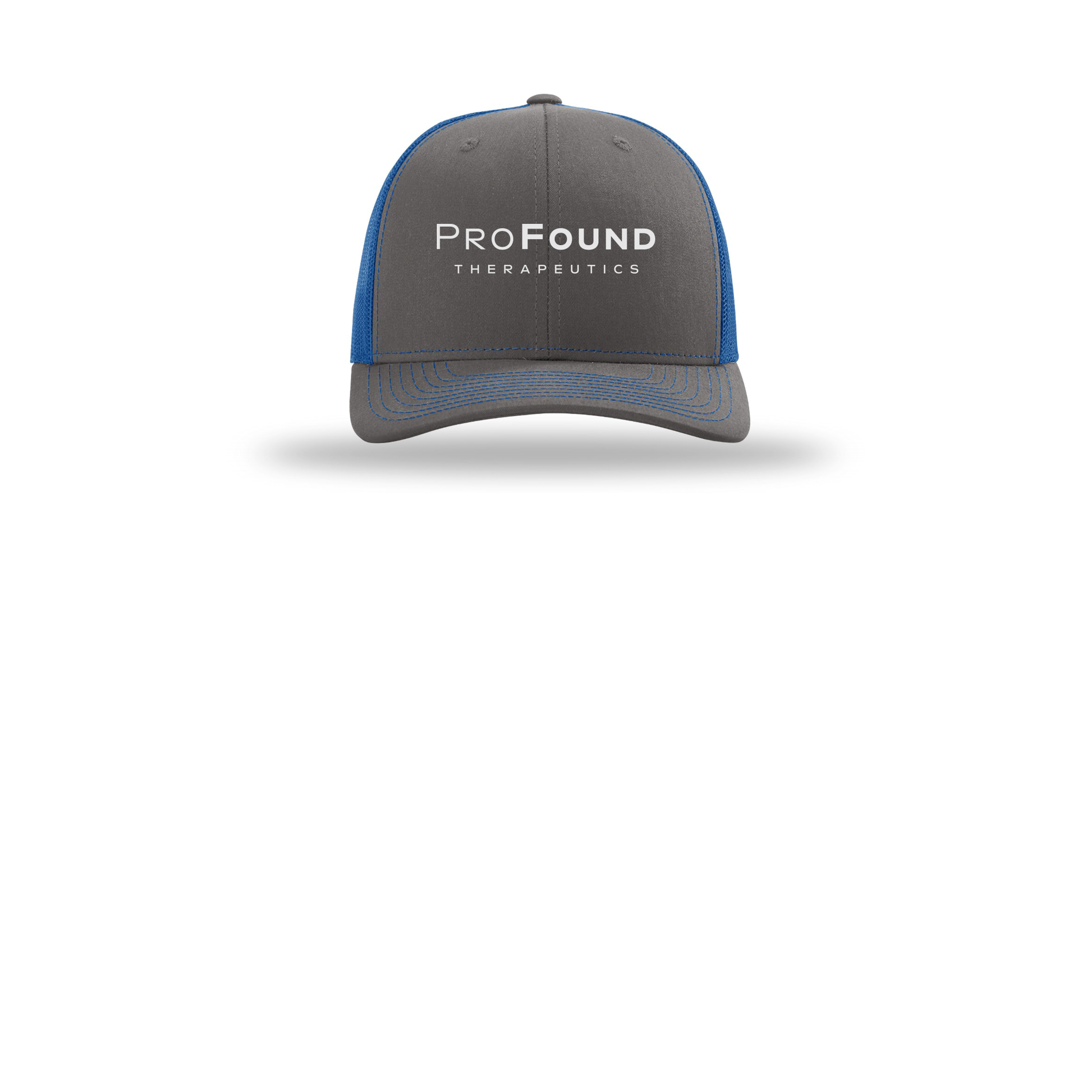 profoundtx-richardson-trucker-cap-embroidery-capfront-R112-charcoalroyal-flat-front