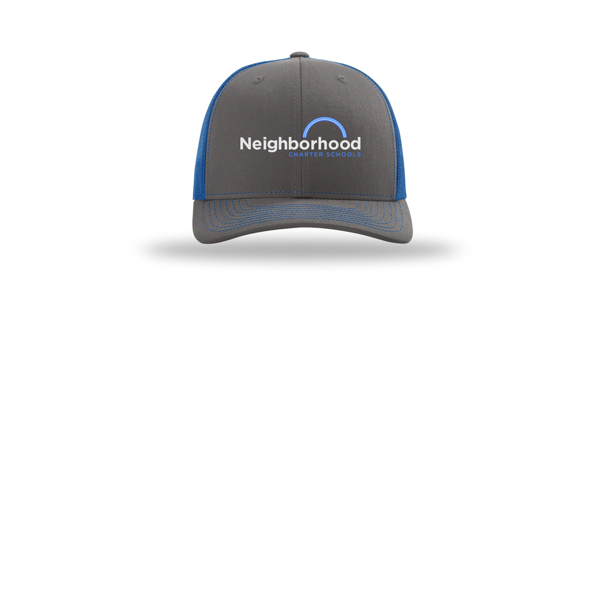 ncschools-richardson-trucker-cap-embroidery-capfront-R112-charcoalroyal-flat-front