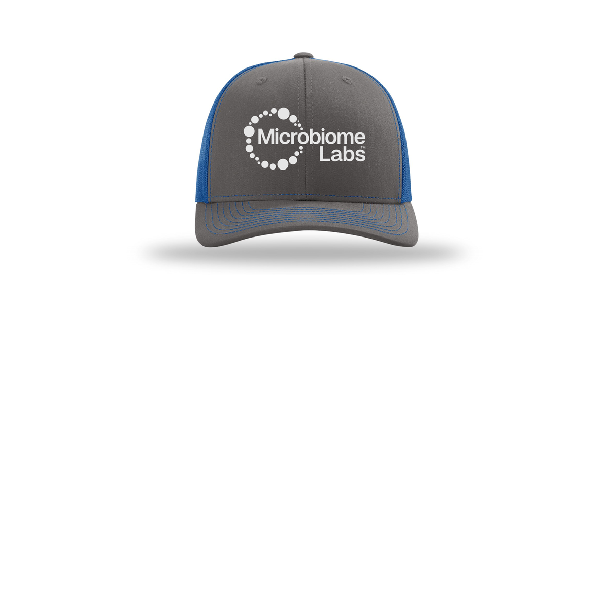 microbiomelabs-richardson-trucker-cap-embroidery-capfront-R112-charcoalroyal-flat-front