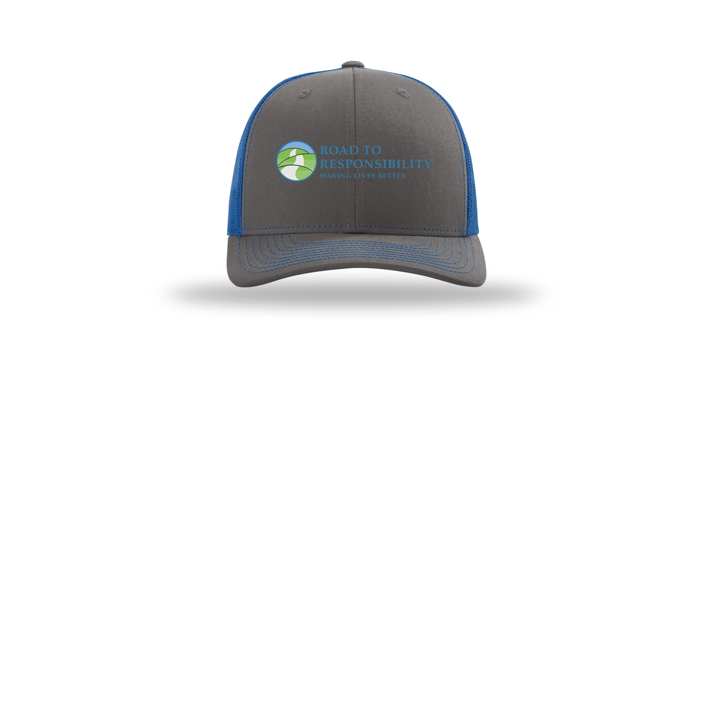 roadtoresponsibility-richardson-trucker-cap-embroidery-capfront-R112-charcoalroyal-flat-front
