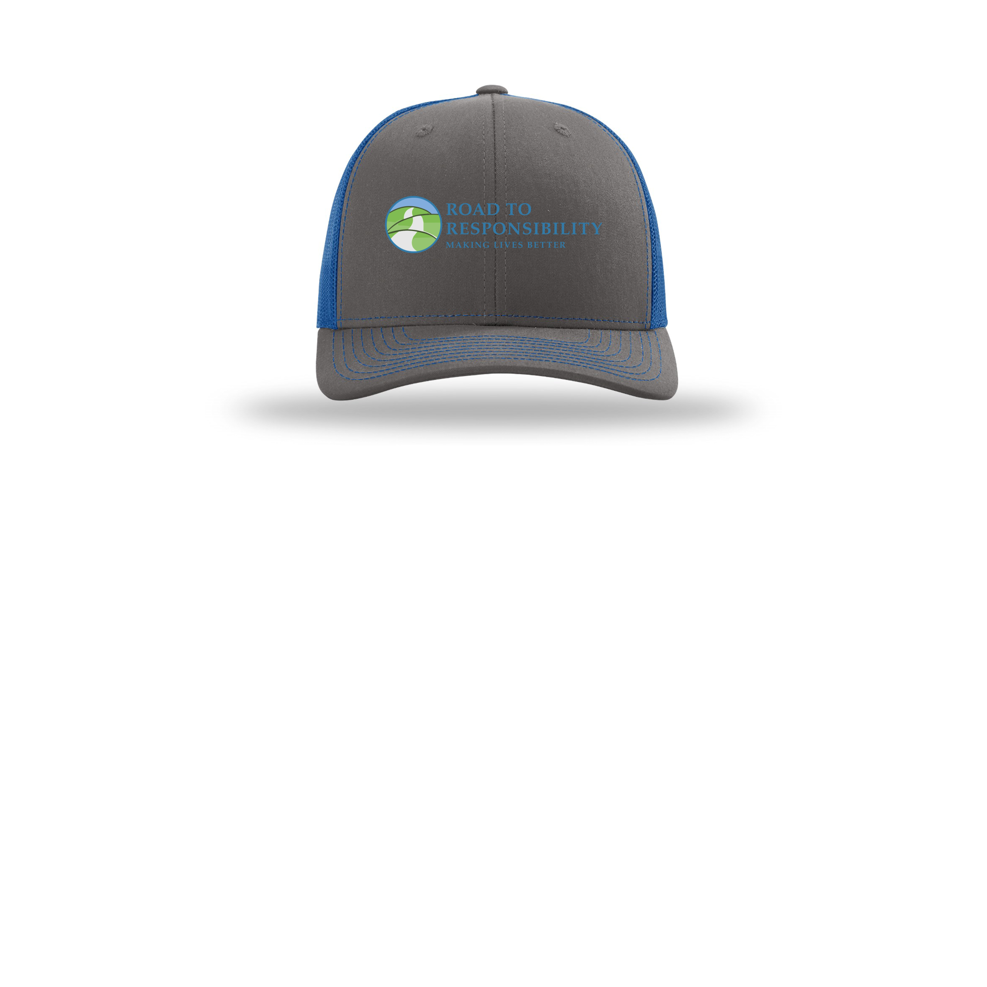 roadtoresponsibility-richardson-trucker-cap-embroidery-capfront-R112-charcoalroyal-flat-front