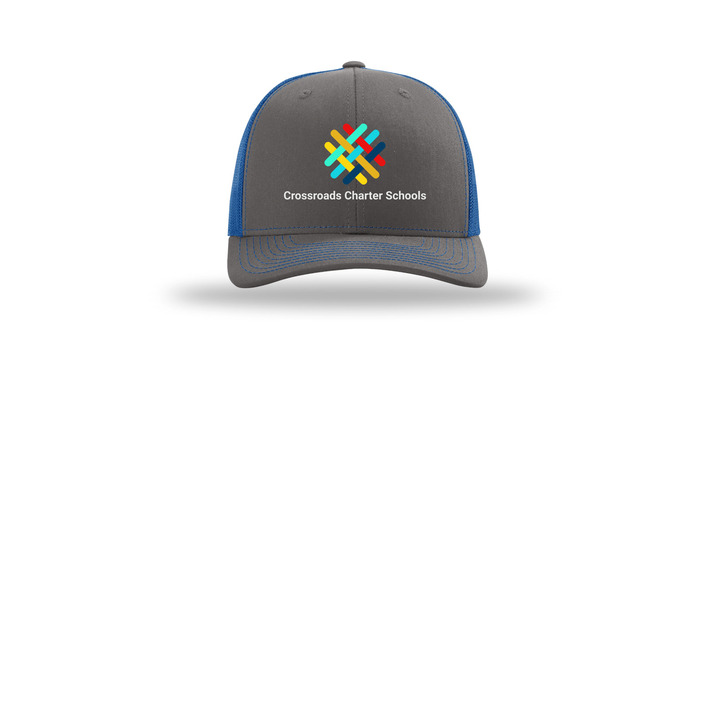 crossroadsschoolskc-richardson-trucker-cap-embroidery-capfront-R112-charcoalroyal-flat-front