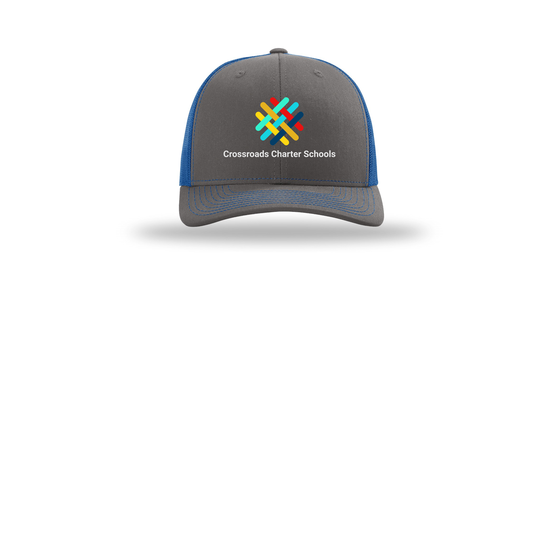 crossroadsschoolskc-richardson-trucker-cap-embroidery-capfront-R112-charcoalroyal-flat-front