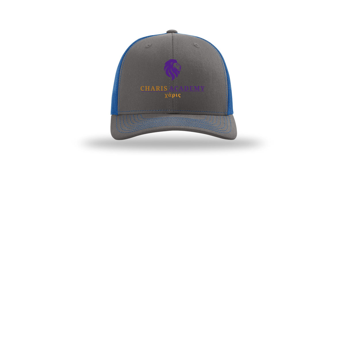 cahazleton-richardson-trucker-cap-embroidery-capfront-R112-charcoalroyal-flat-front