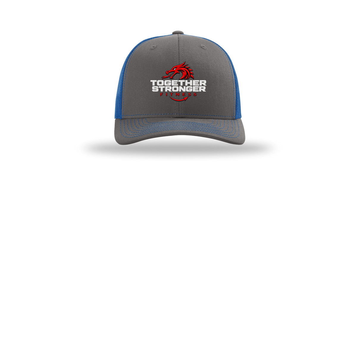 togetherstrongerfitness-richardson-trucker-cap-embroidery-capfront-R112-charcoalroyal-flat-front