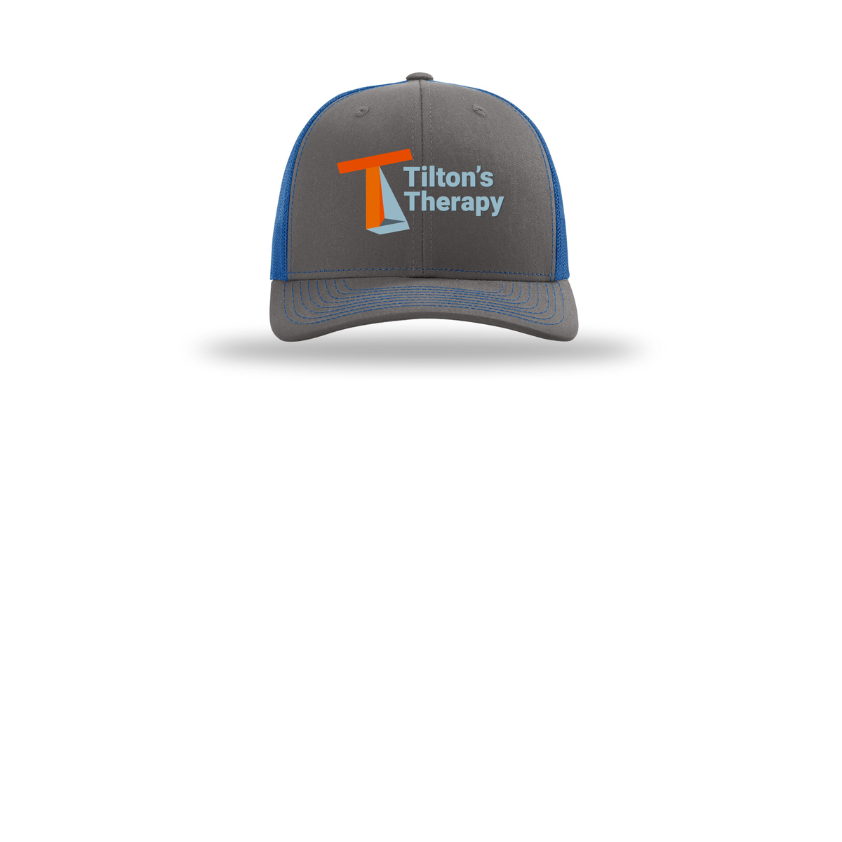 tiltonstherapy-richardson-trucker-cap-embroidery-capfront-R112-charcoalroyal-flat-front