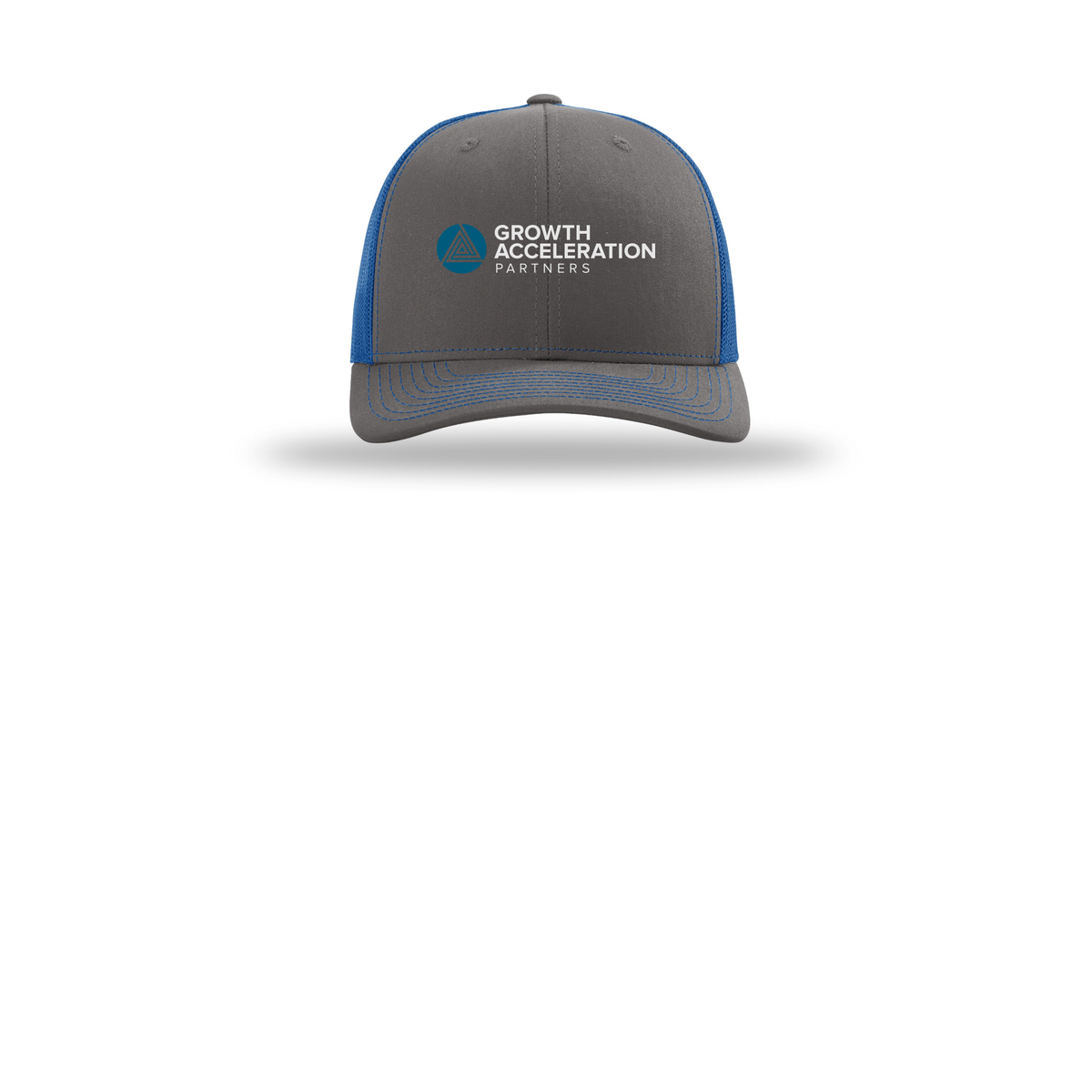 growthaccelerationpartners-richardson-trucker-cap-embroidery-capfront-R112-charcoalroyal-flat-front