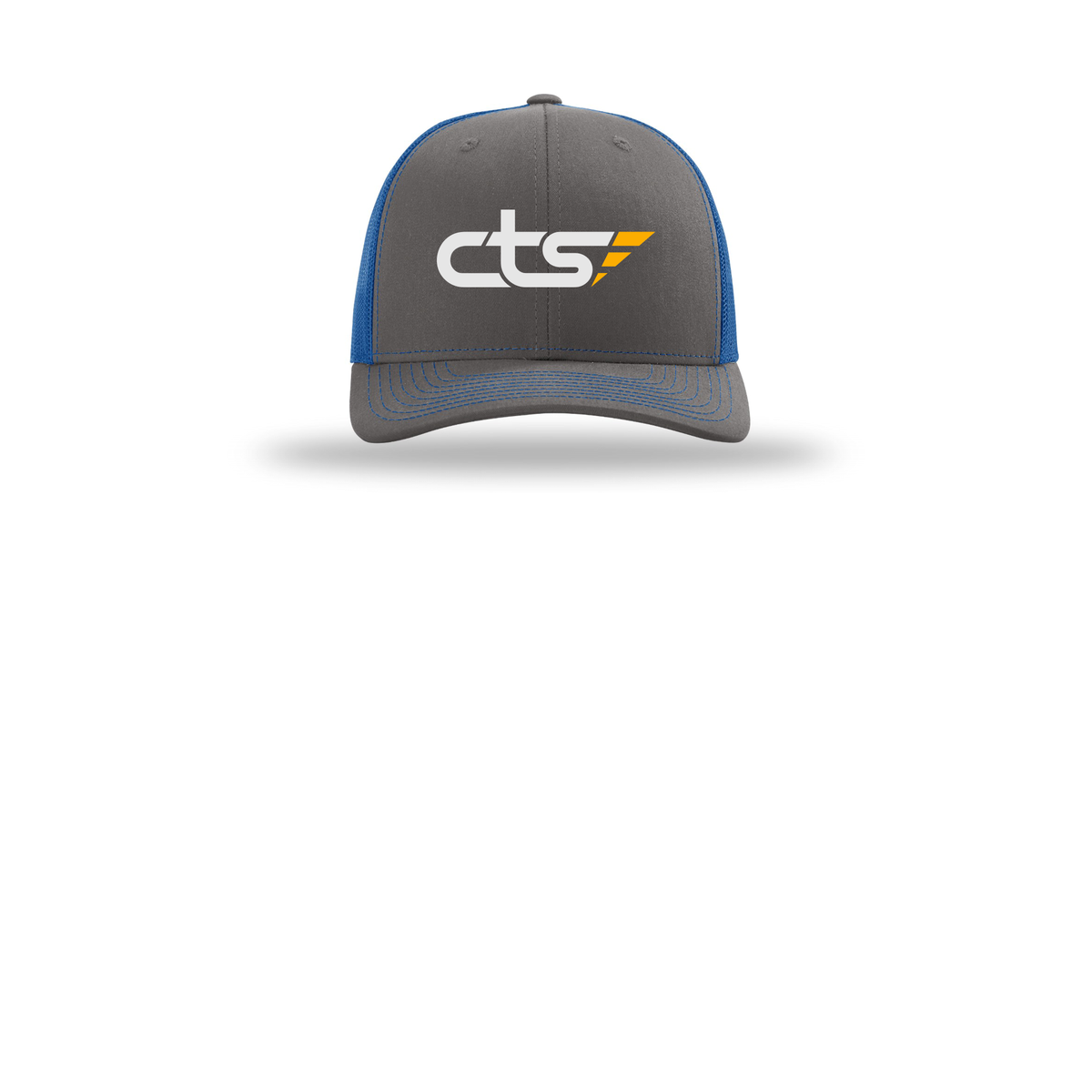 cts1-richardson-trucker-cap-embroidery-capfront-R112-charcoalroyal-flat-front