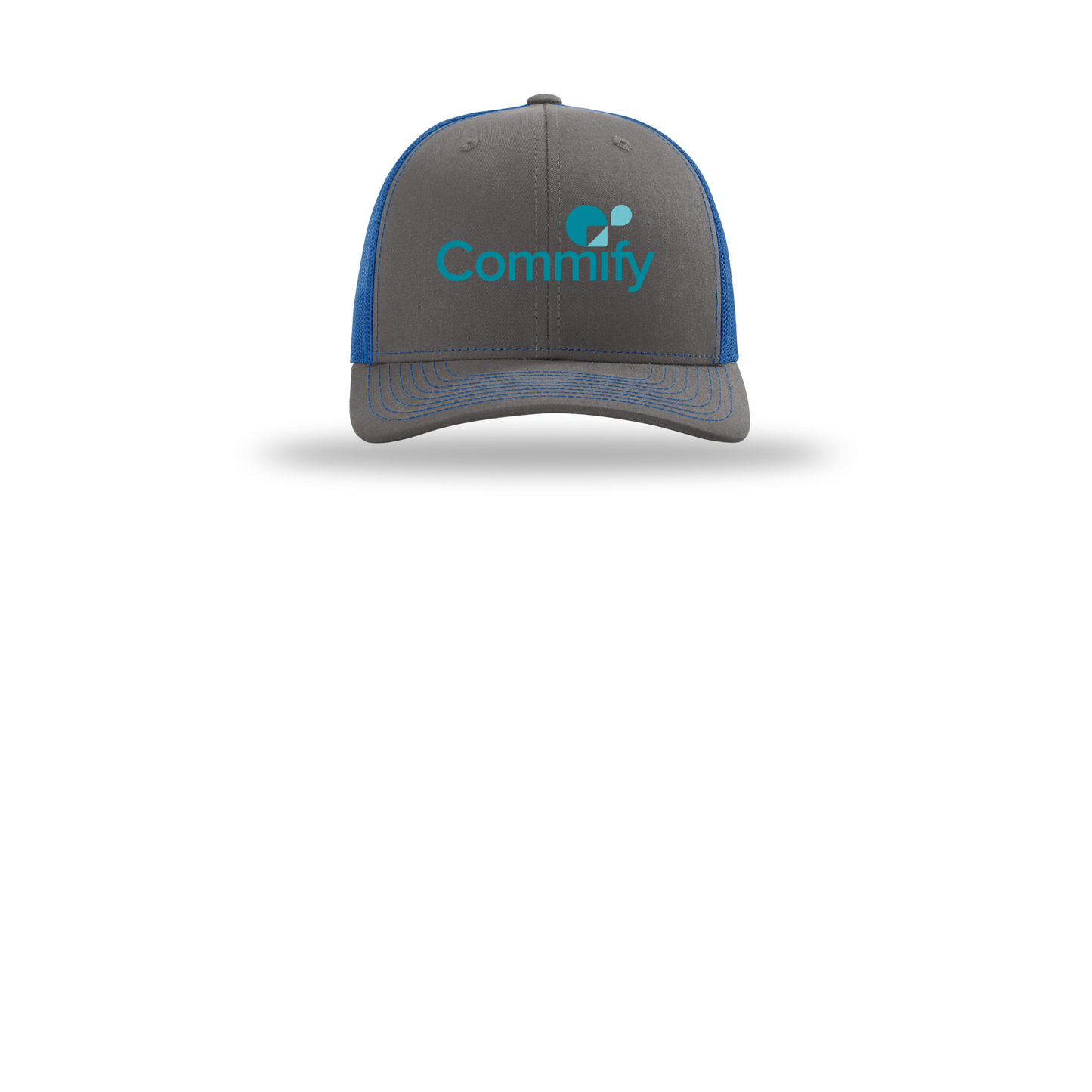 commify-richardson-trucker-cap-embroidery-capfront-R112-charcoalroyal-flat-front