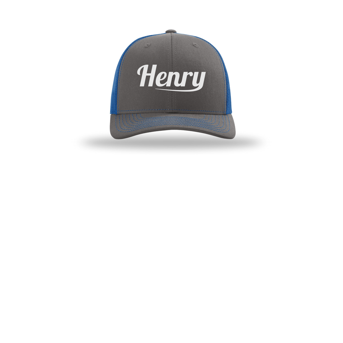 henrymeds-richardson-trucker-cap-embroidery-capfront-R112-charcoalroyal-flat-front