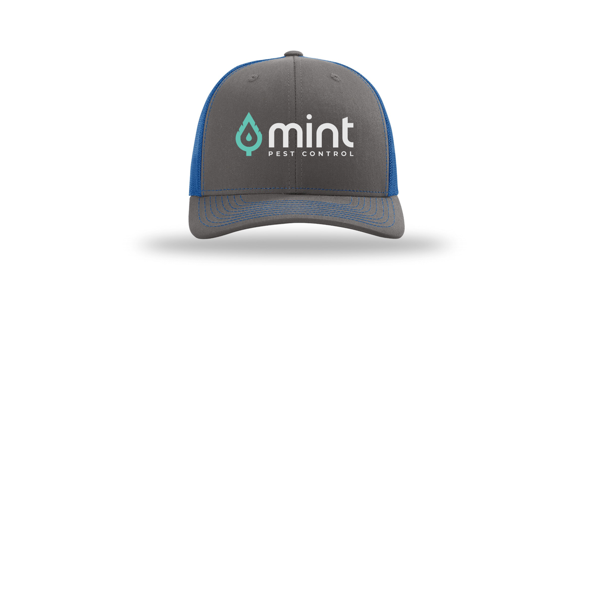 mintpest-richardson-trucker-cap-embroidery-capfront-R112-charcoalroyal-flat-front