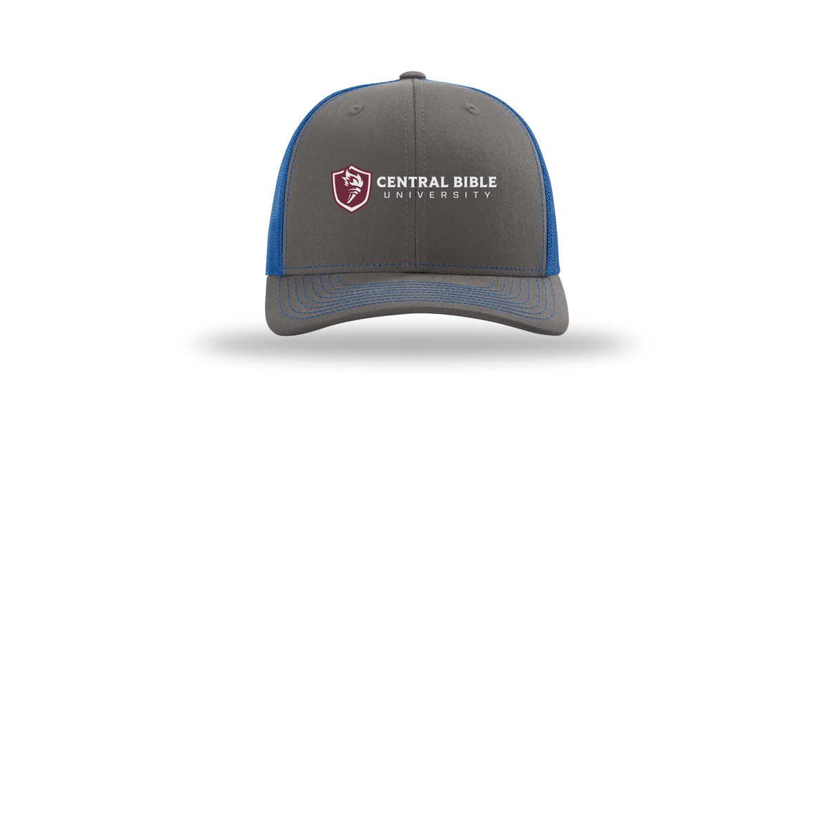 centralbible-richardson-trucker-cap-embroidery-capfront-R112-charcoalroyal-flat-front