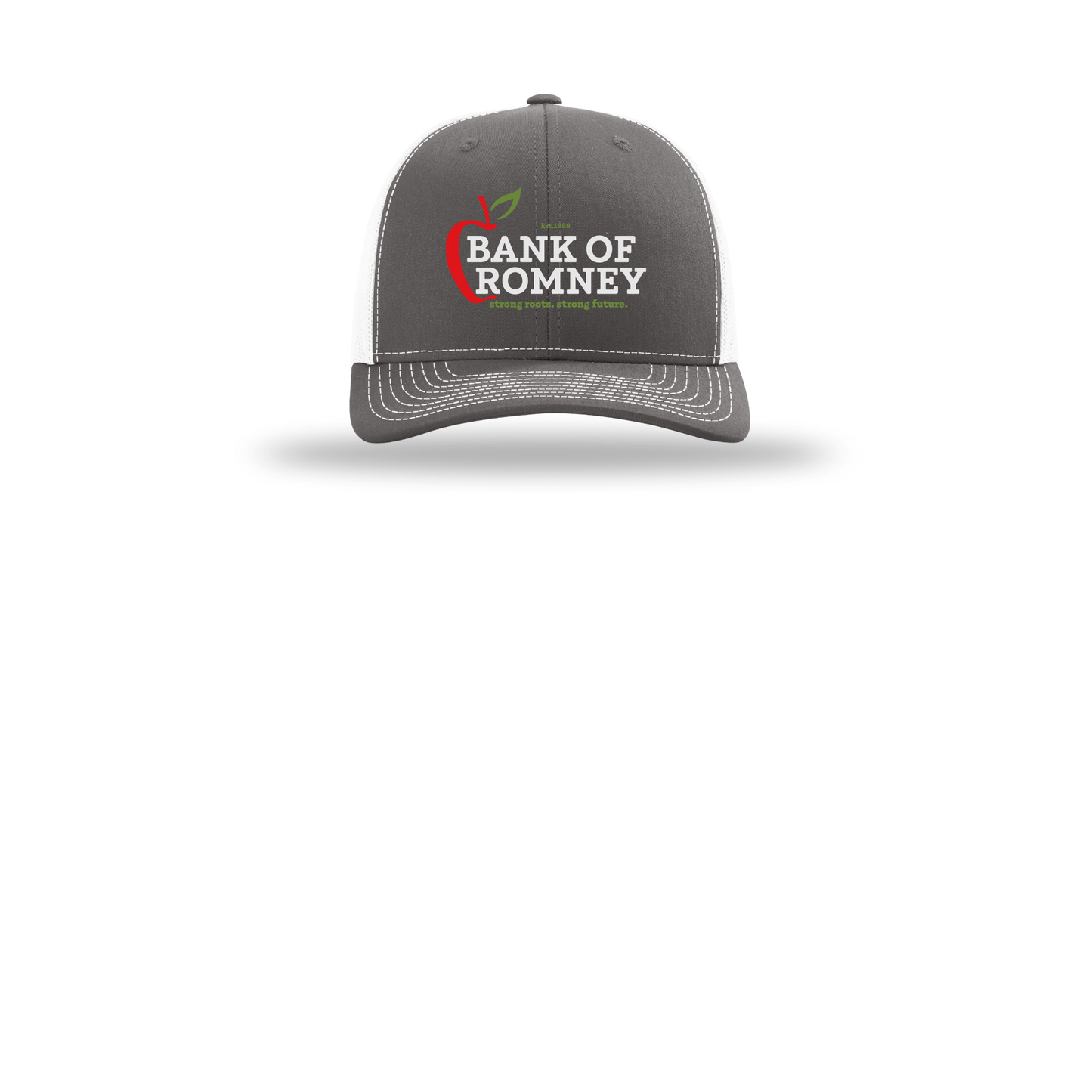 bankofromney-richardson-trucker-cap-embroidery-capfront-R112-charcoalwhite-flat-front