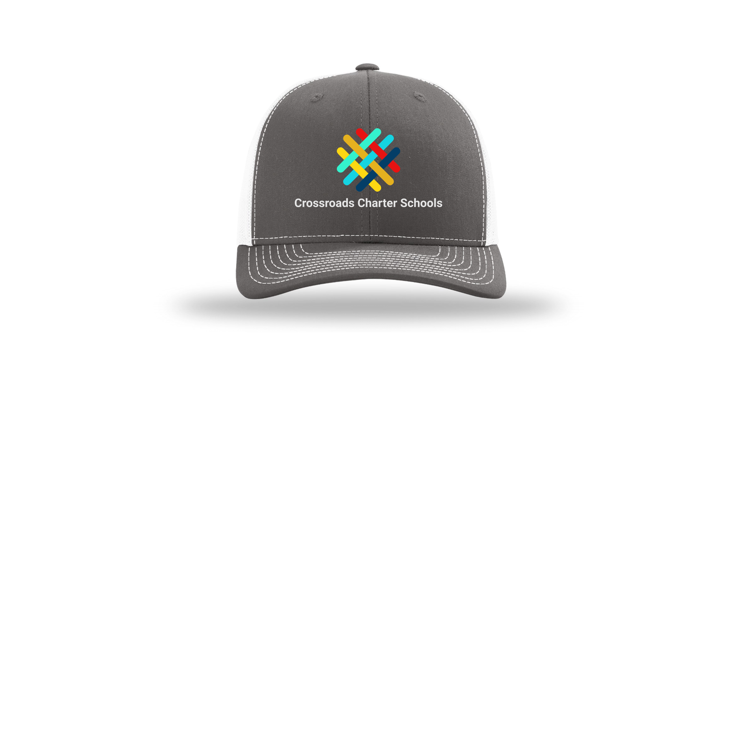 crossroadsschoolskc-richardson-trucker-cap-embroidery-capfront-R112-charcoalwhite-flat-front