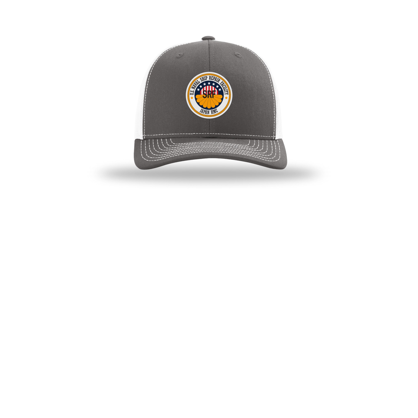 srf-jrmc-richardson-trucker-cap-embroidery-capfront-R112-charcoalwhite-flat-front