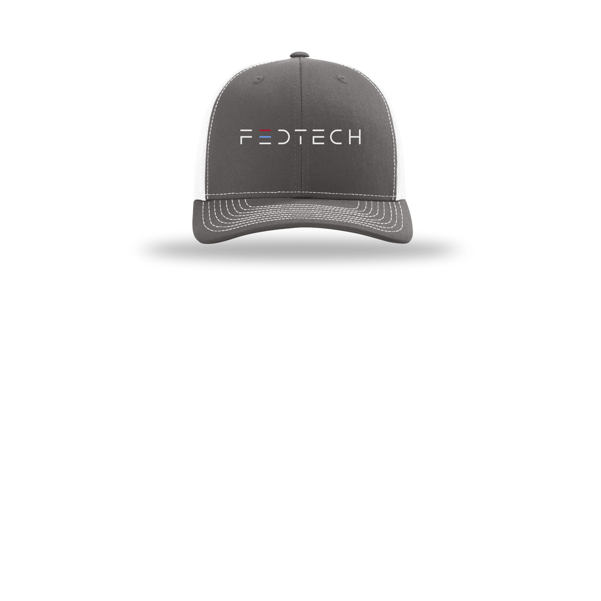 fedtech-richardson-trucker-cap-embroidery-capfront-R112-charcoalwhite-flat-front