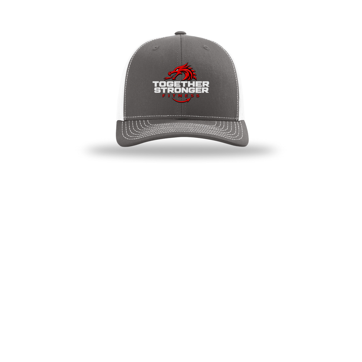 togetherstrongerfitness-richardson-trucker-cap-embroidery-capfront-R112-charcoalwhite-flat-front