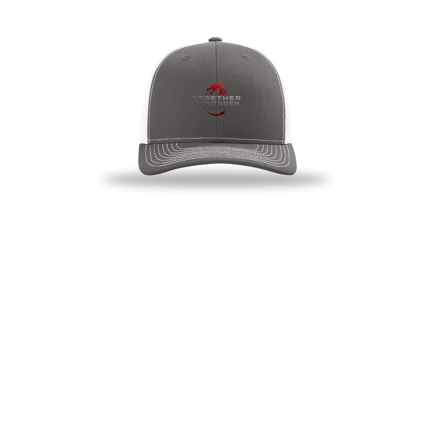 togetherstrongerfitness-richardson-trucker-cap-embroidery-capfront-R112-charcoalwhite-flat-front