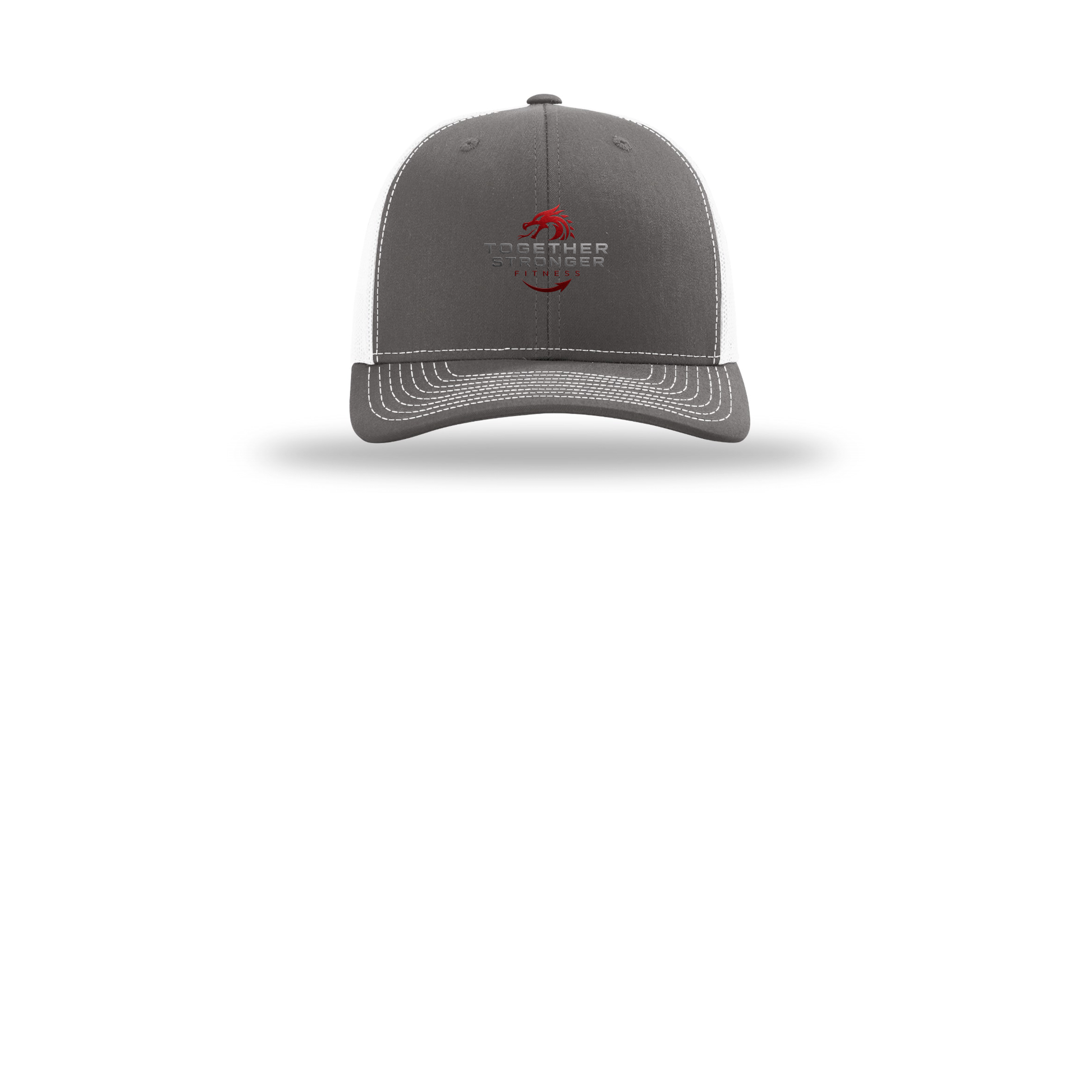 togetherstrongerfitness-richardson-trucker-cap-embroidery-capfront-R112-charcoalwhite-flat-front