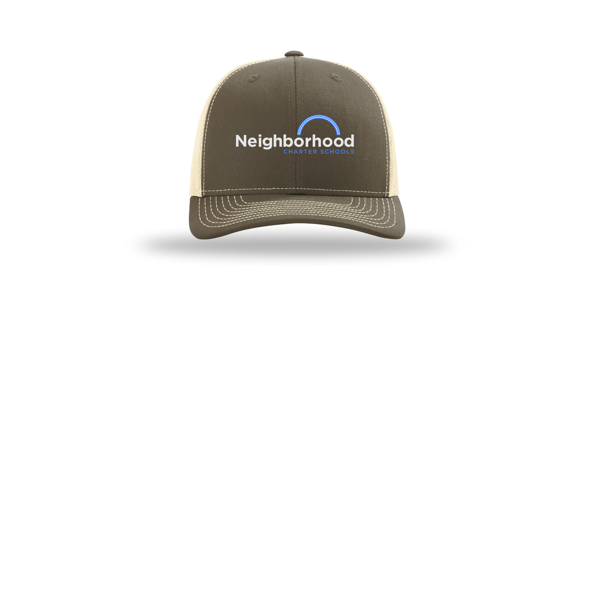 ncschools-richardson-trucker-cap-embroidery-capfront-R112-chocolatechipbirch-flat-front