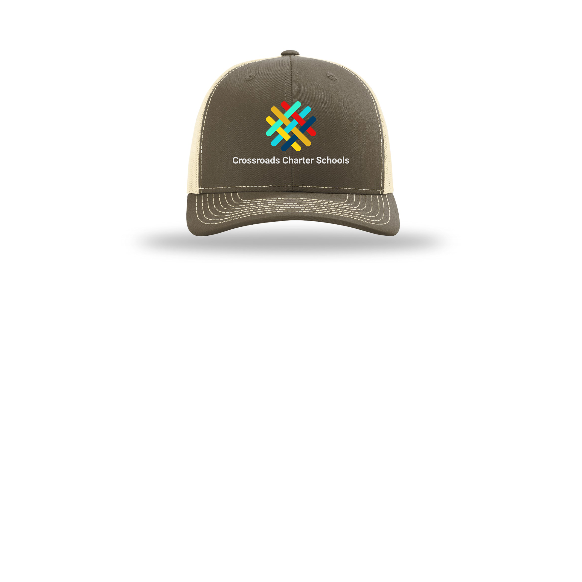 crossroadsschoolskc-richardson-trucker-cap-embroidery-capfront-R112-chocolatechipbirch-flat-front