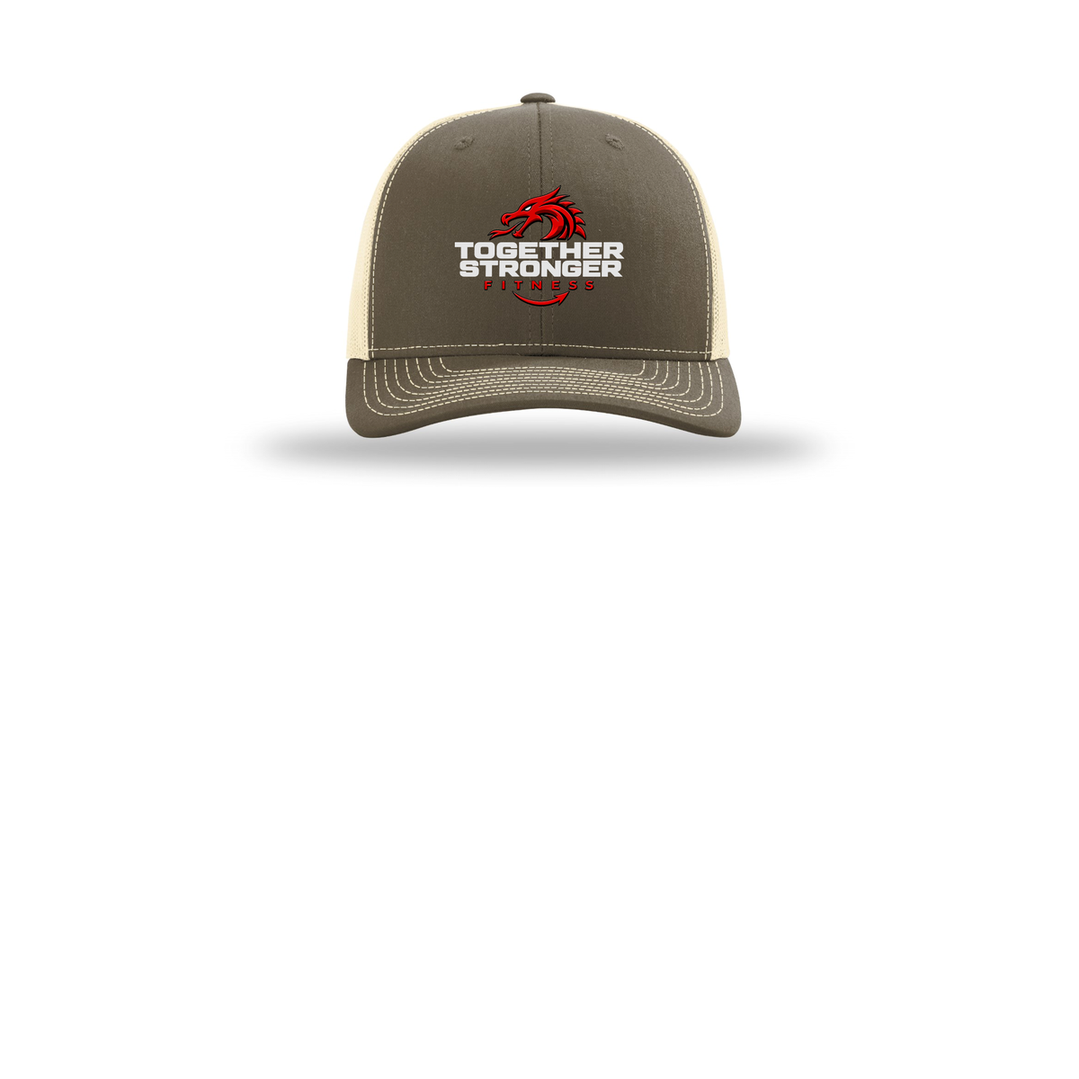 togetherstrongerfitness-richardson-trucker-cap-embroidery-capfront-R112-chocolatechipbirch-flat-front