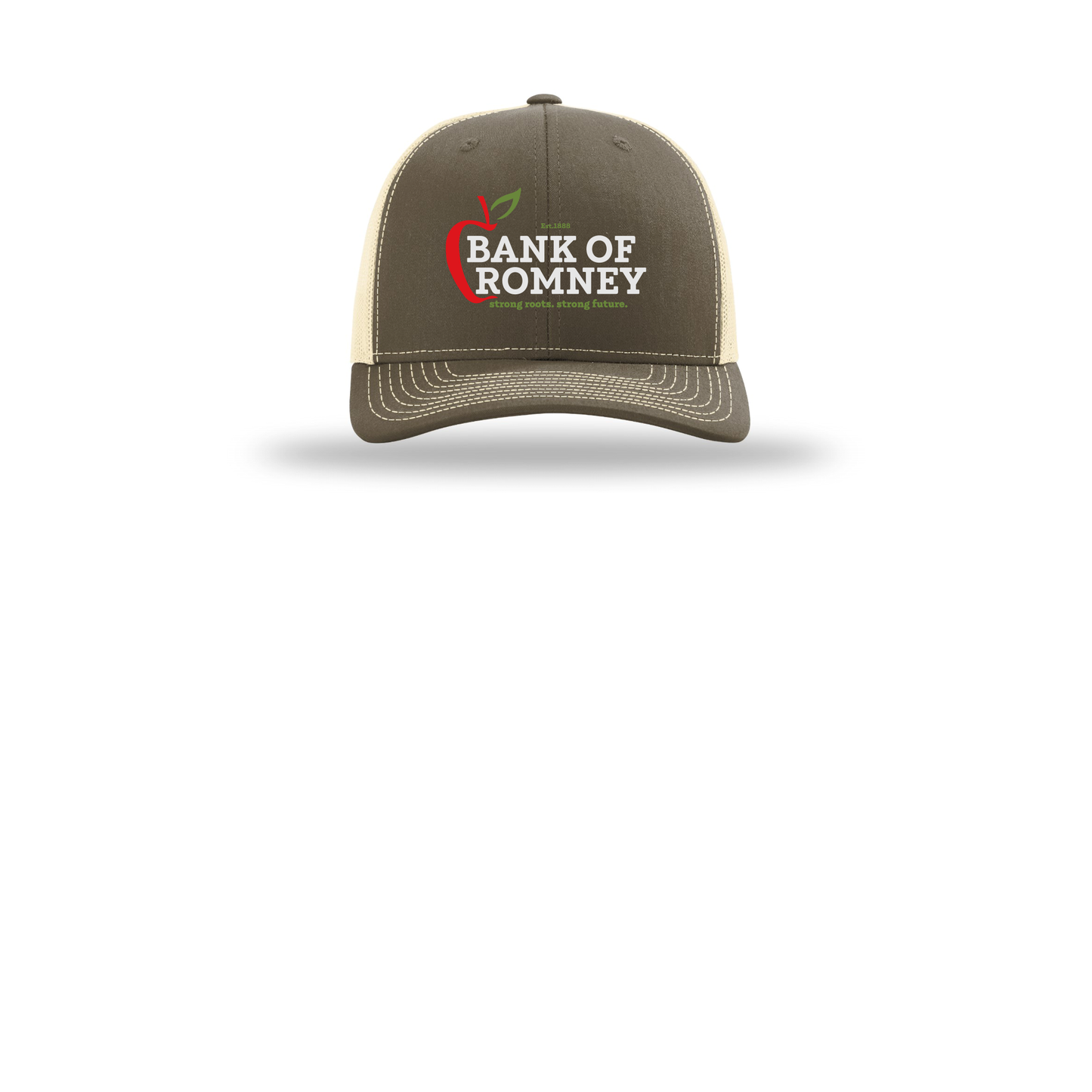 bankofromney-richardson-trucker-cap-embroidery-capfront-R112-chocolatechipbirch-flat-front