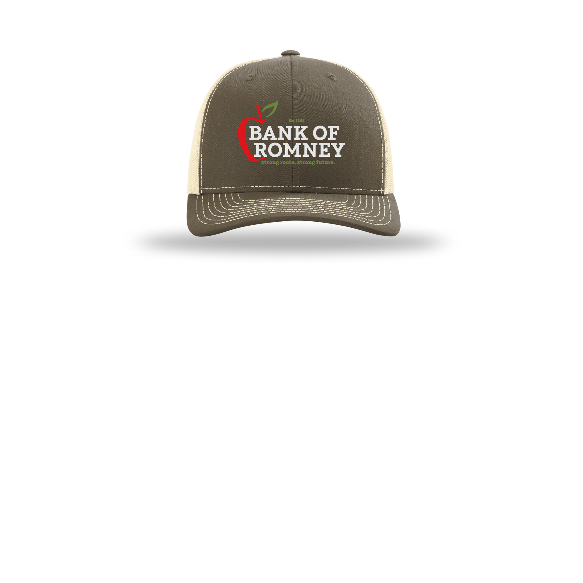 bankofromney-richardson-trucker-cap-embroidery-capfront-R112-chocolatechipbirch-flat-front