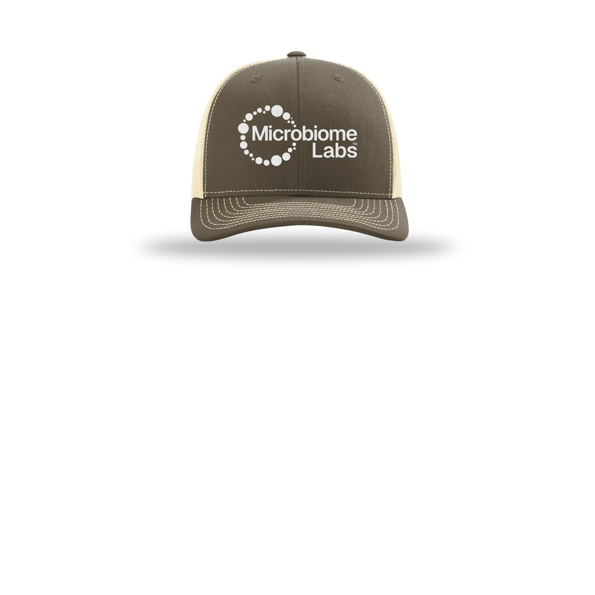 microbiomelabs-richardson-trucker-cap-embroidery-capfront-R112-chocolatechipbirch-flat-front