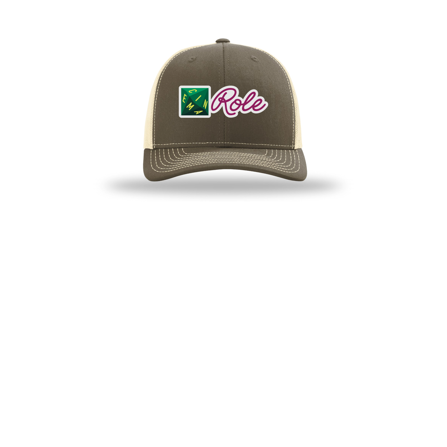 cinemarole-richardson-trucker-cap-embroidery-capfront-R112-chocolatechipbirch-flat-front