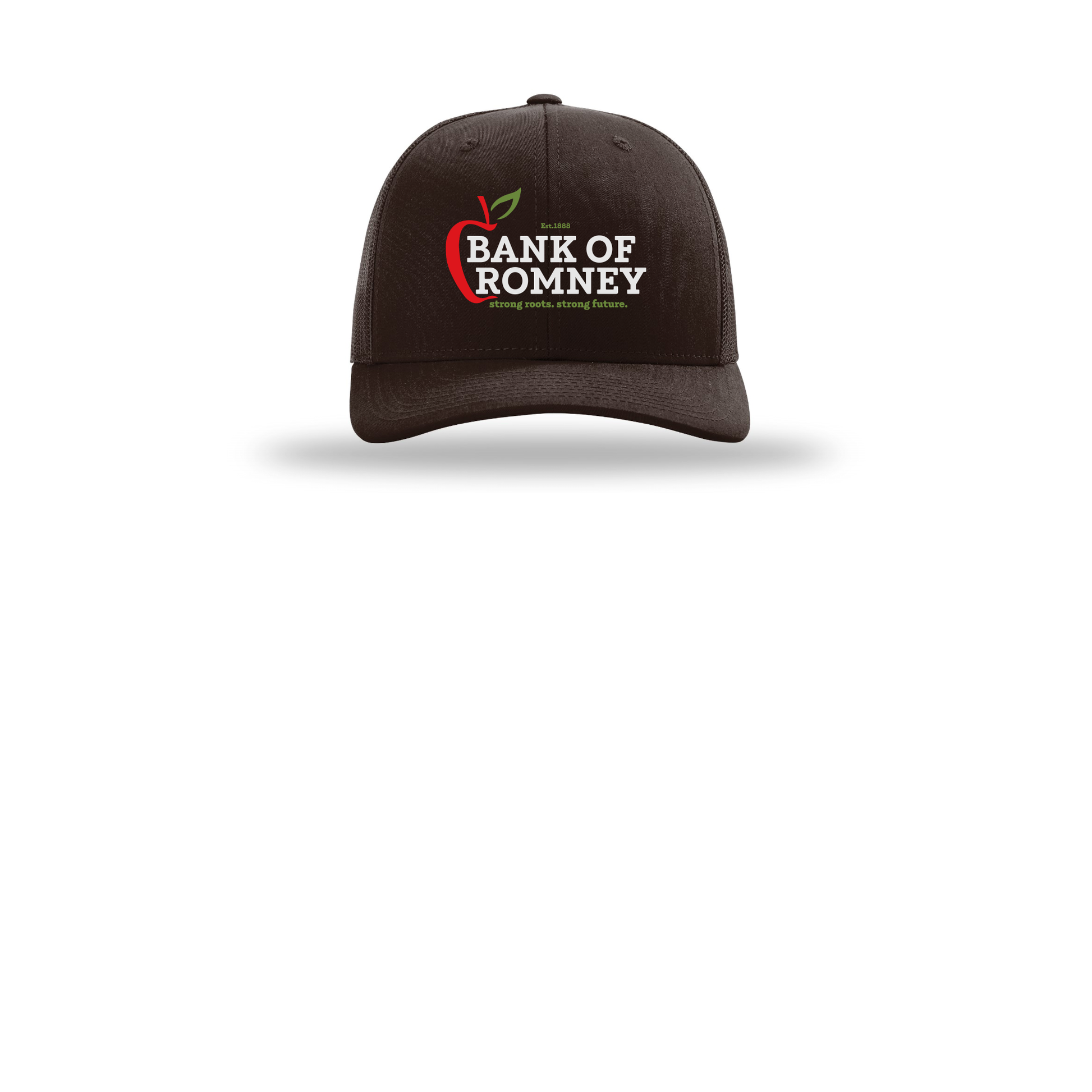 bankofromney-richardson-trucker-cap-embroidery-capfront-R112-coffee-flat-front