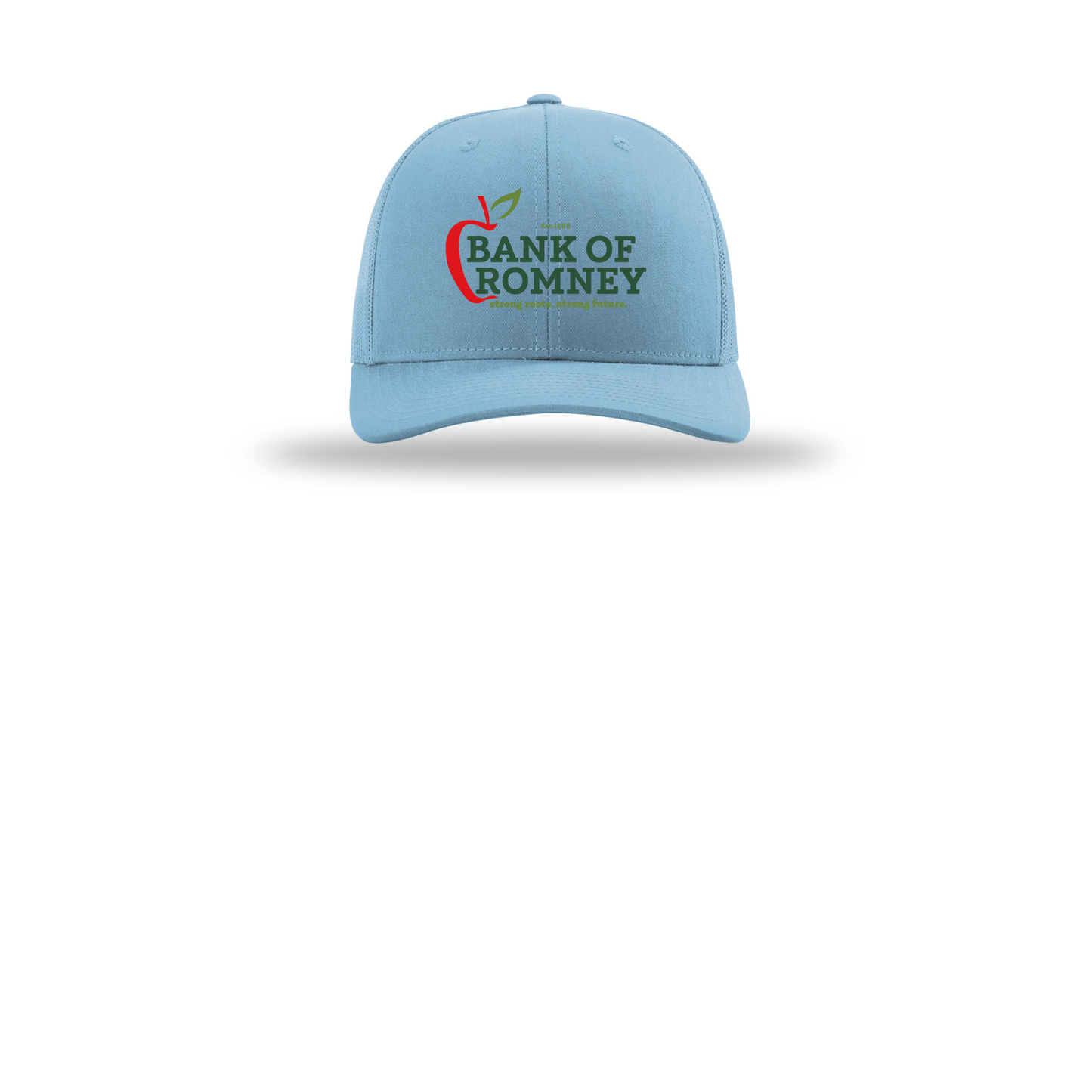 bankofromney-richardson-trucker-cap-embroidery-capfront-R112-columbiablue-flat-front