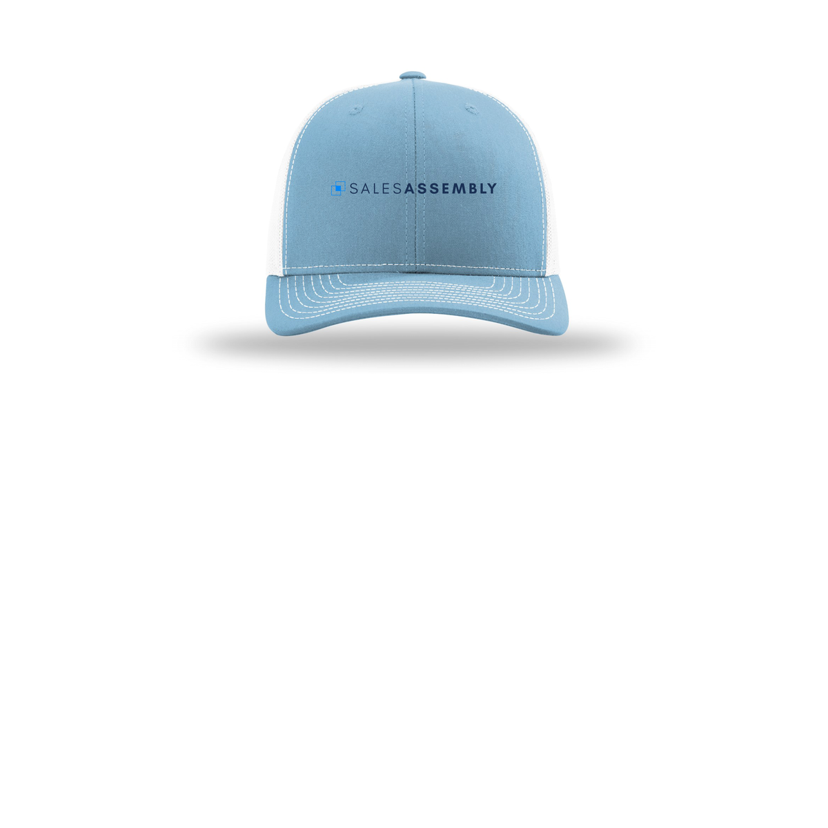 salesassembly-richardson-trucker-cap-embroidery-capfront-R112-columbiabluewhite-flat-front