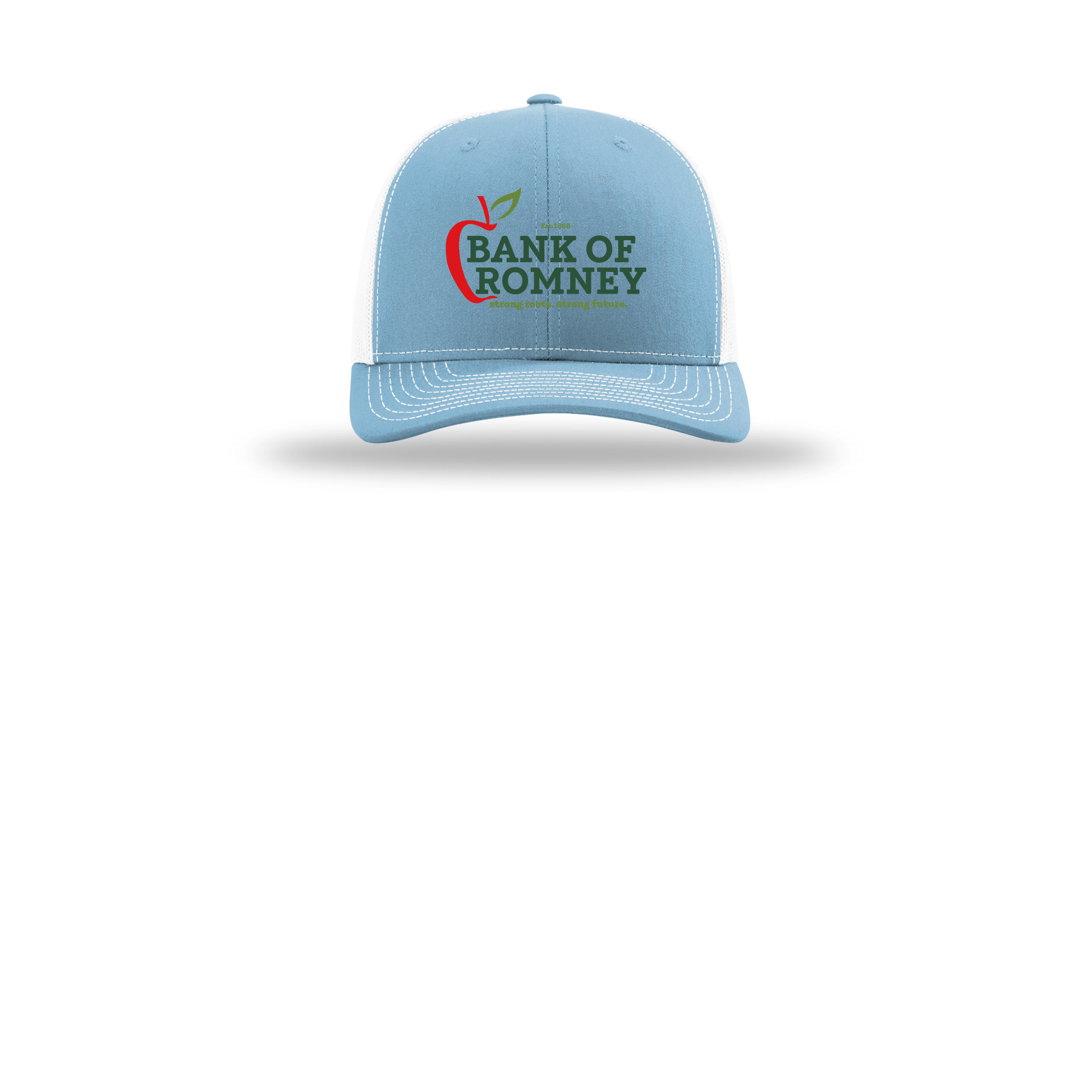 bankofromney-richardson-trucker-cap-embroidery-capfront-R112-columbiabluewhite-flat-front