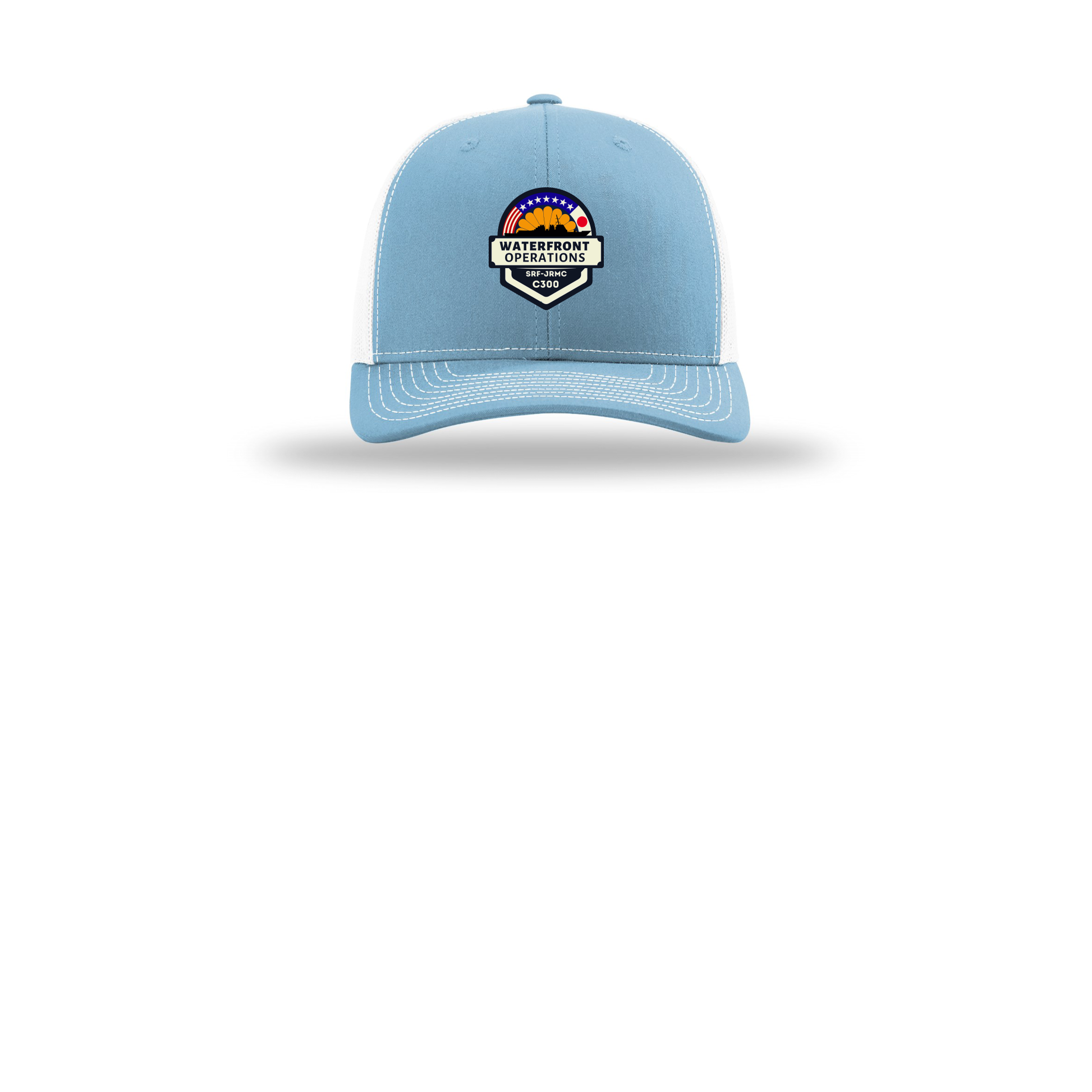 waterfront-operations-retro-trucker-cap-embroidery-capfront-R112-columbiabluewhite-flat-front