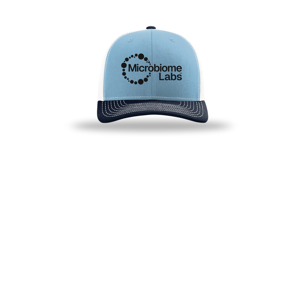 microbiomelabs-richardson-trucker-cap-embroidery-capfront-R112-columbiabluewhitenavy-flat-front