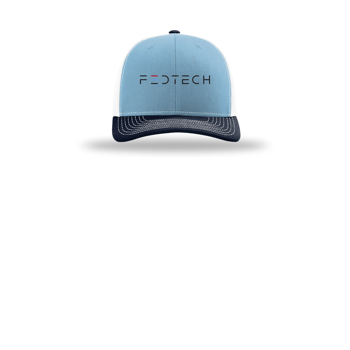 fedtech-richardson-trucker-cap-embroidery-capfront-R112-columbiabluewhitenavy-flat-front