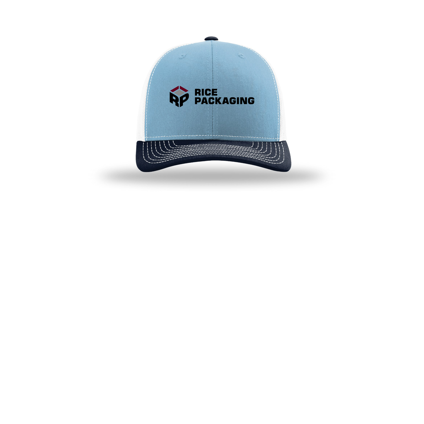 ricepackaging-richardson-trucker-cap-embroidery-capfront-R112-columbiabluewhitenavy-flat-front