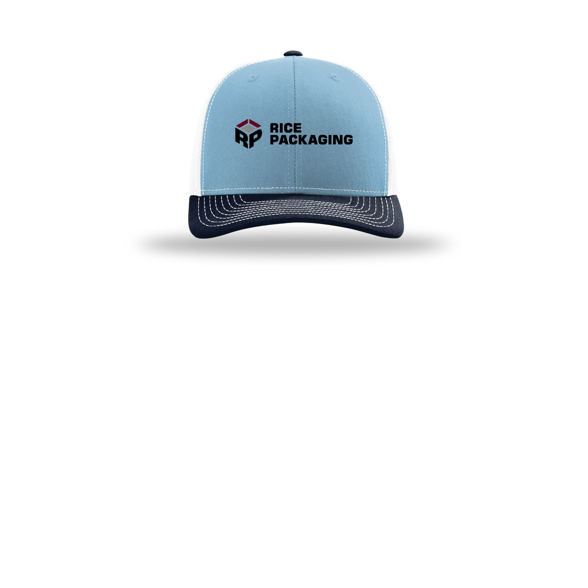 ricepackaging-richardson-trucker-cap-embroidery-capfront-R112-columbiabluewhitenavy-flat-front