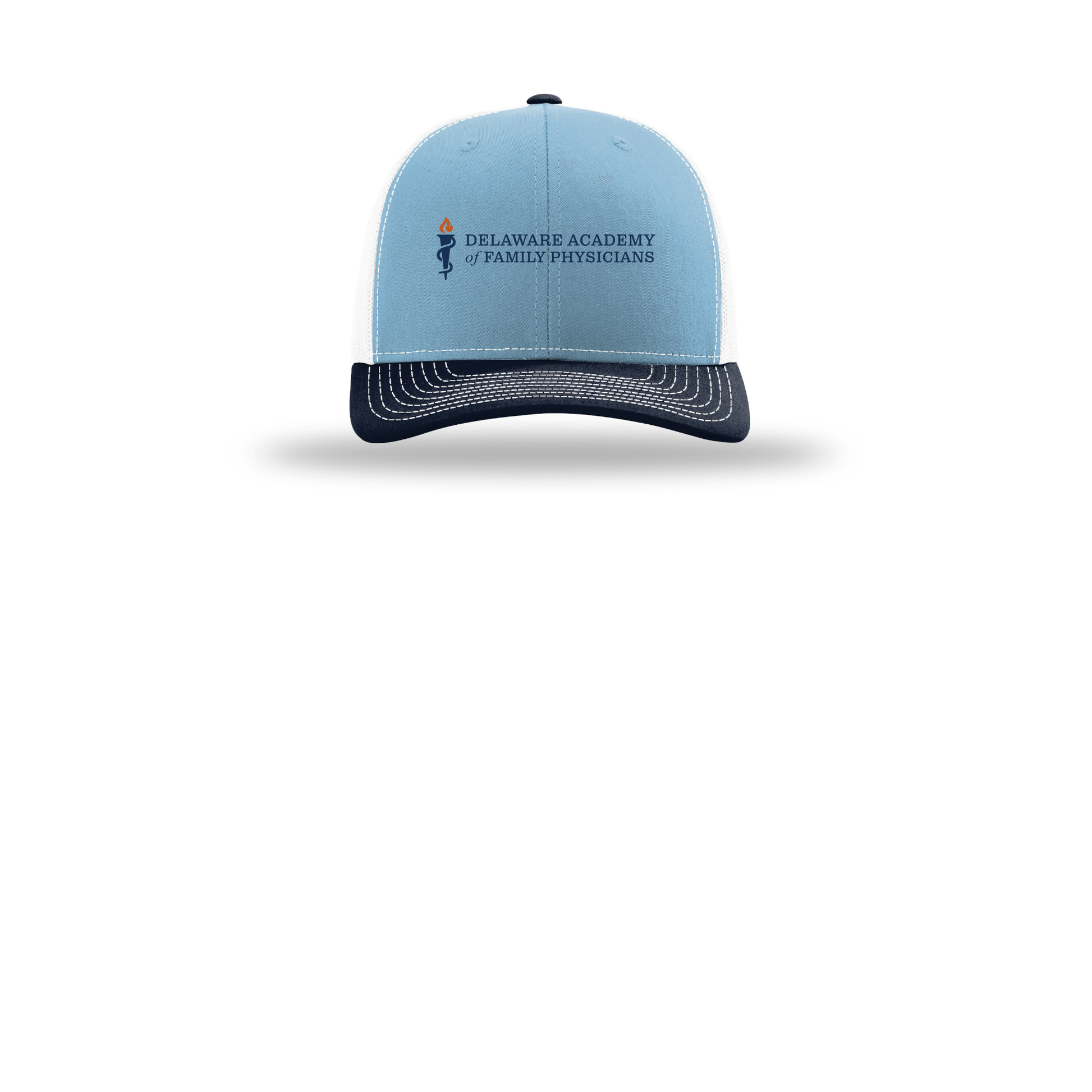 delfamdoc-richardson-trucker-cap-embroidery-capfront-R112-columbiabluewhitenavy-flat-front