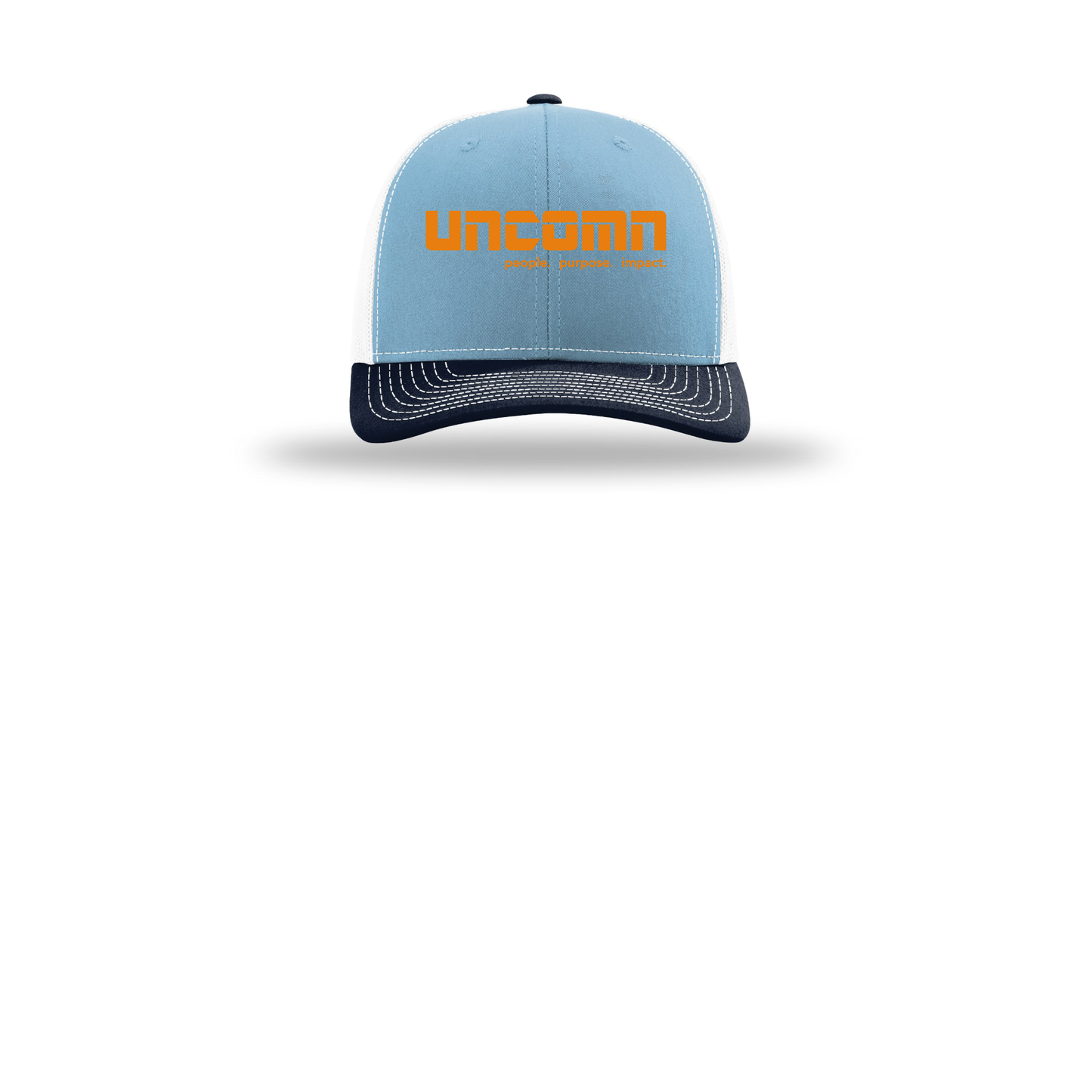 uncomn-richardson-trucker-cap-embroidery-capfront-R112-columbiabluewhitenavy-flat-front